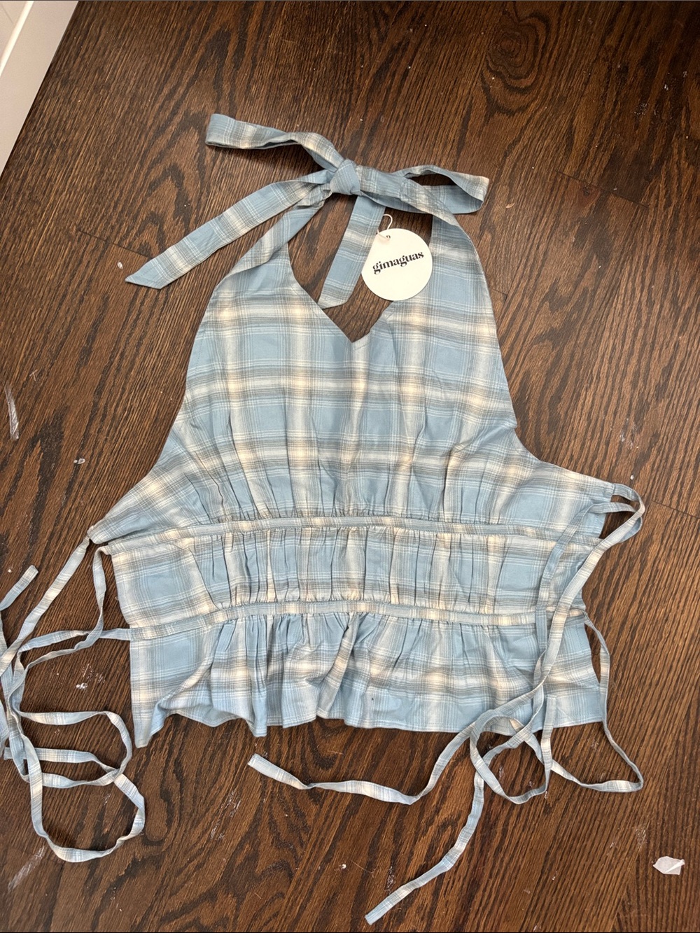 Gimaguas Light Blue Plaid Paralia Checks Halter Tie-Back Camisole